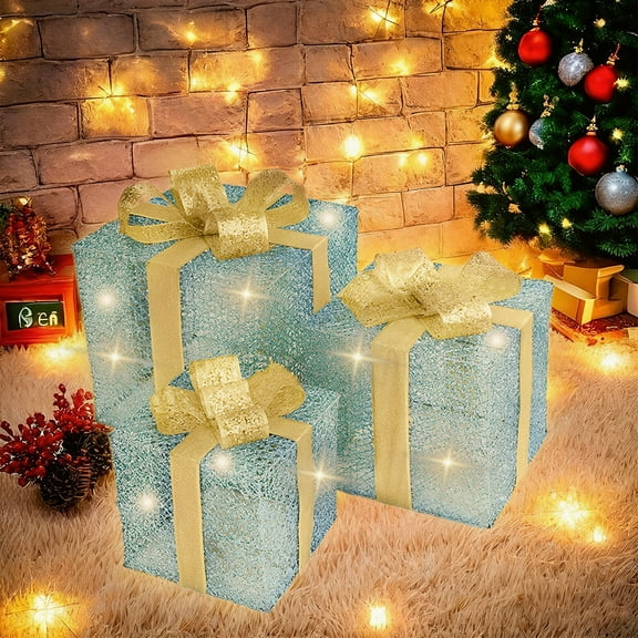 JWshufel 3PC Christmas Light Gift Set Blue Outdoor LED Decorative Lights Glittering Ironwork Light Up Decorative Box Perfect for Valentine's Day Parties Birthday Decorations Batteries Not Included