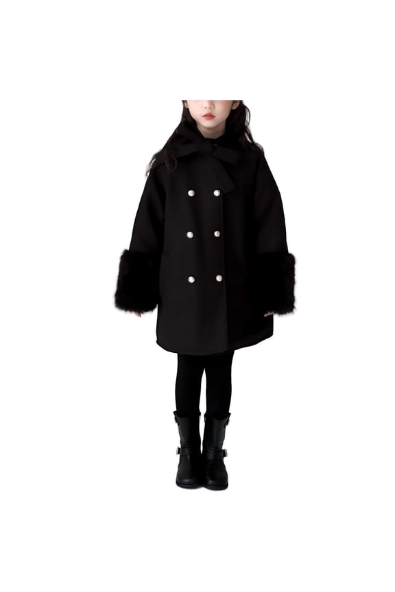 Children's Black Coat Elegant Mid-Length Pockets Warm Double Row Button Jacket Long Insulated Jackets 1-12T