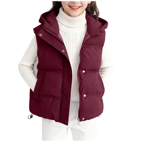 JWshufel Children's Puffer Vest Sleeveless Warm Coat with Fleece Jacket Solid Color Medium Length Hooded Collar Jackets