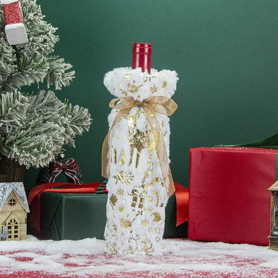 JWshufel Christmas Decorations Christmas Home Decor Wine Bottle Cover Velvet Bag for Holiday Party Restaurant Festive Dinner Unique Hostess Gift for Joyful Celebration 11in White