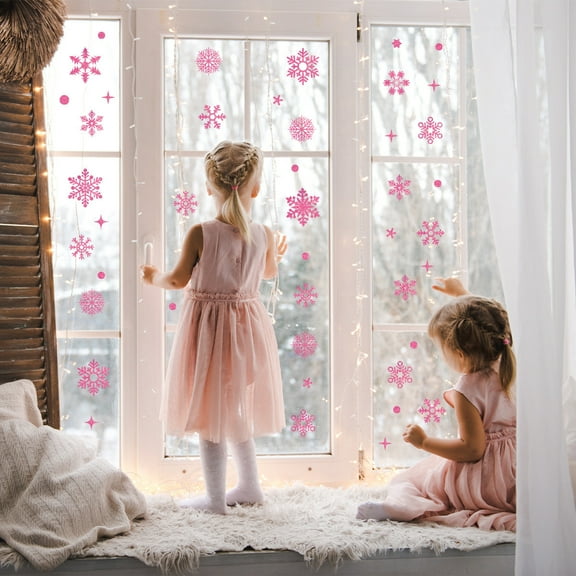 JWshufel Christmas Decorations Snowflake Window Stickers with Easy Peel and Stick Visible From Both Sides for Home and Office Festive Atmosphere 11.8in Pink