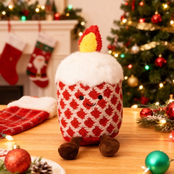 JWshufel Christmas Ornaments Plush Candle Doll Holiday Decoration with Smiling Face and Flame Embellishment Soft Lattice Texture Tabletop Mantel and Tree Accent for Indoor Home 5.9in Red