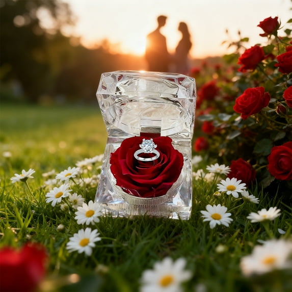 JWshufel Engagement Ring Box Acrylic Preserved Rose Jewelry Gift Box Heart Shaped Transparent Proposal Case with Velvet Interior Romantic Surprise for Wedding Anniversary Red 2.4x2.4x2.3in