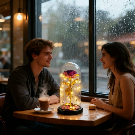 JWshufel LED Rose Lamp Glass Dome with Fairy Lights Romantic Illuminated Metallic Rose Display Night Light Centerpiece Gift for Couples Anniversary Birthday Home Decor Purple 8.3x4.3x4.3in