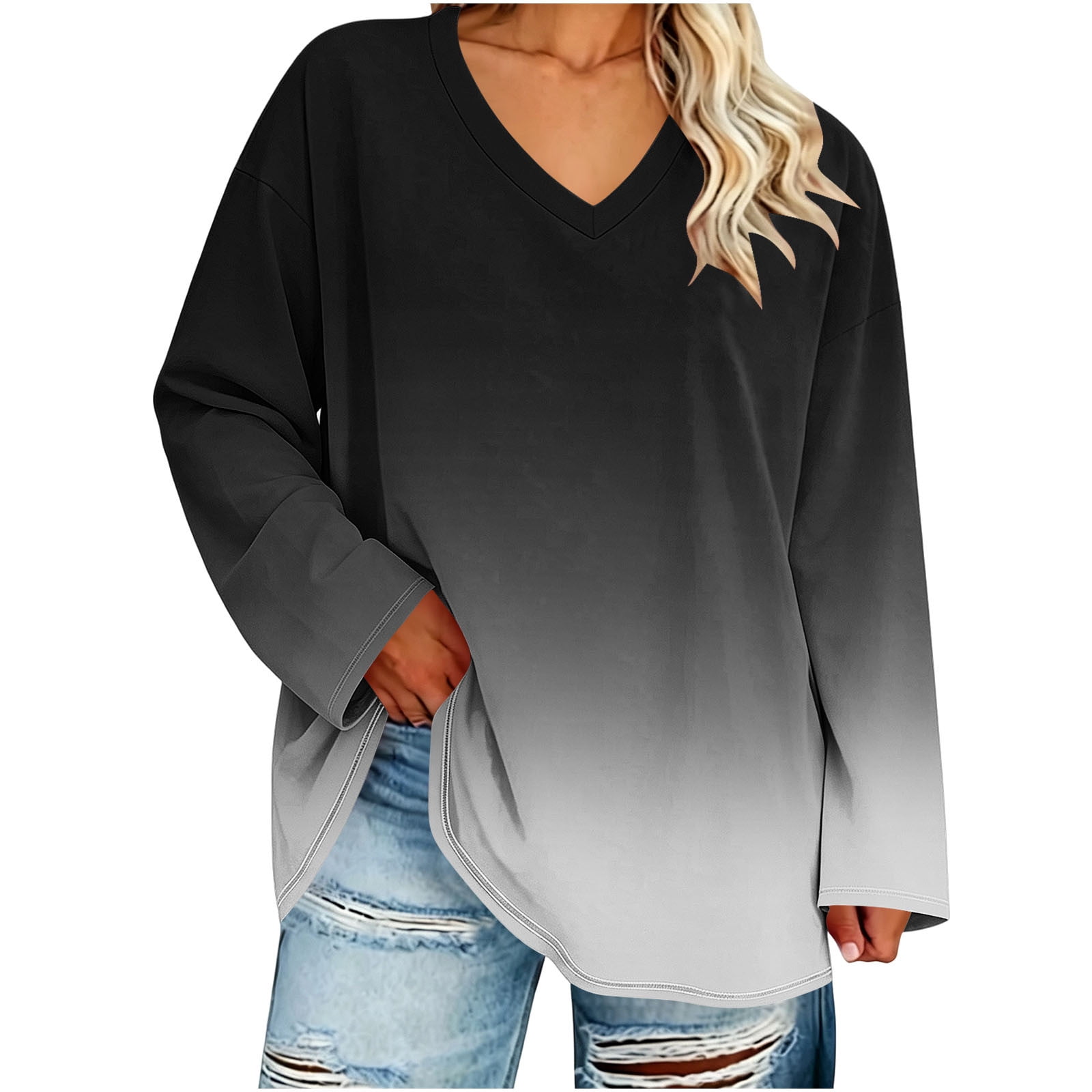 JWshufel Long Sleeve Blouse for Womens Gradient Color V Neck Drop ...