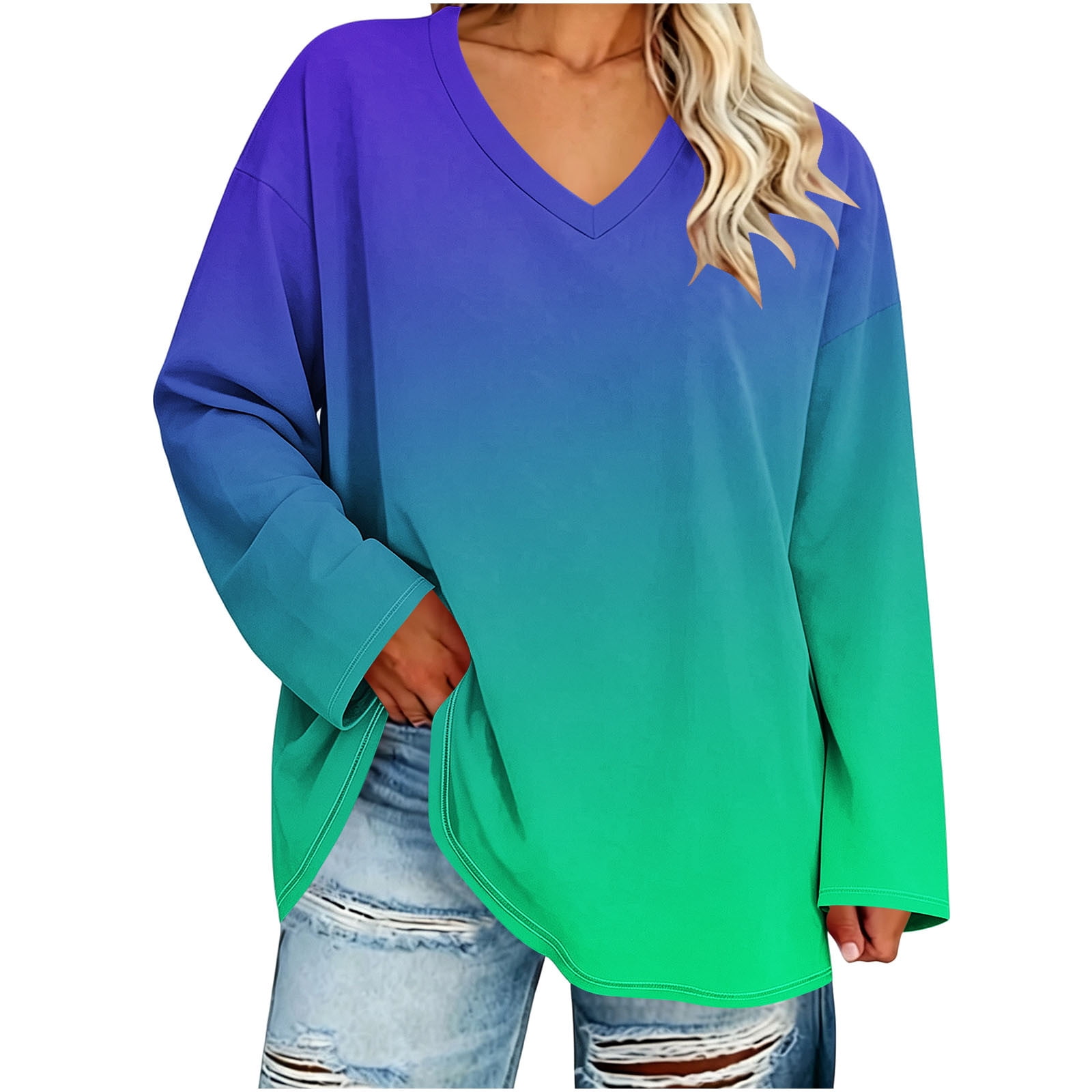 JWshufel Long Sleeve Blouse for Womens Gradient Color V Neck Drop ...