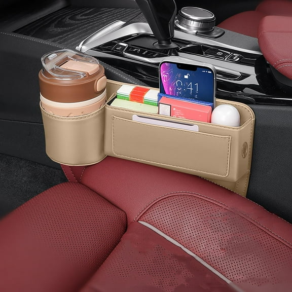 JWshufel Universal Car Seat Organizer Extra Storage Compartment for Wallets Smartphones Tickets and Cups Non slip Leather Filler Bag with Charging Hole Easy Slide in Installation for Front Seat