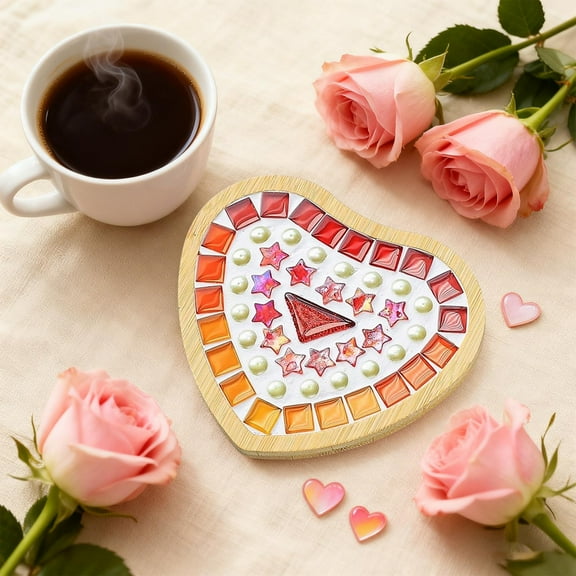 JWshufel Valentines Day Mosaic Tile Kit DIY Wooden Coaster Craft Kit for Kids and Adults Complete Mosaic Tools with Glue Sealant Spoon Bowl Beginner Friendly Gift Craft Activity 4.1x3.7x0.4in