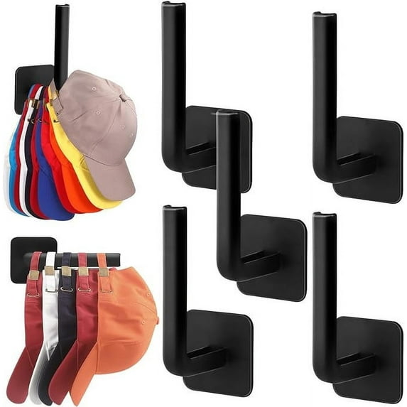 JWshufel Wall Mounted Hat Organizer 4 Pack Hook Strong Adhesive for Baseball Caps Holds 20 to 48 Hats Easy Installation No Drilling Multi Functional Storage for Headphones Clothes 8 Pounds Capacity