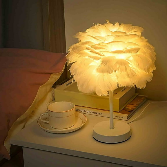 JWshufel White Feather Table Lamp With Wooden Base Elegant Bedroom Desk Lampshade for Home Decoration Romantic and Soft Feather Design Versatile Bedside Decorative Lamp for Relaxing Ambiance