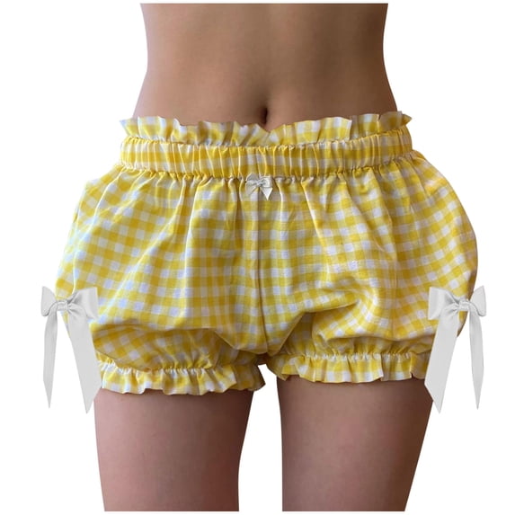 JWshufel Women Ruffle Bubble Shorts Low Elastic Waist Bowknots Plaid Striped Casual Cute Shorts Summer