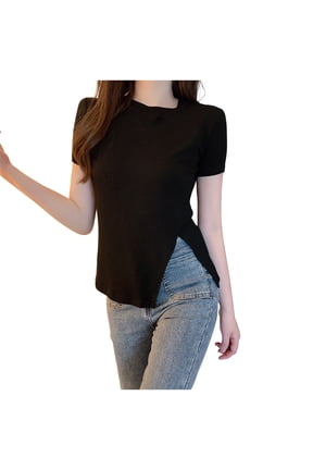 Women's Asymmetrical Hem Tops Side Split Crewneck Short Sleeve Tshirt Casual Slim Long T-Shirts