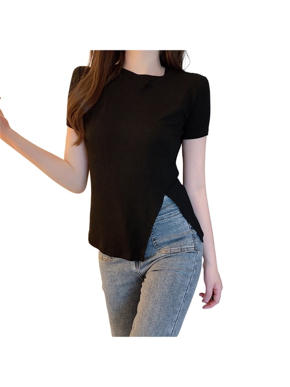 Women's Asymmetrical Hem Tops Side Split Crewneck Short Sleeve Tshirt Casual Slim Long T-Shirts