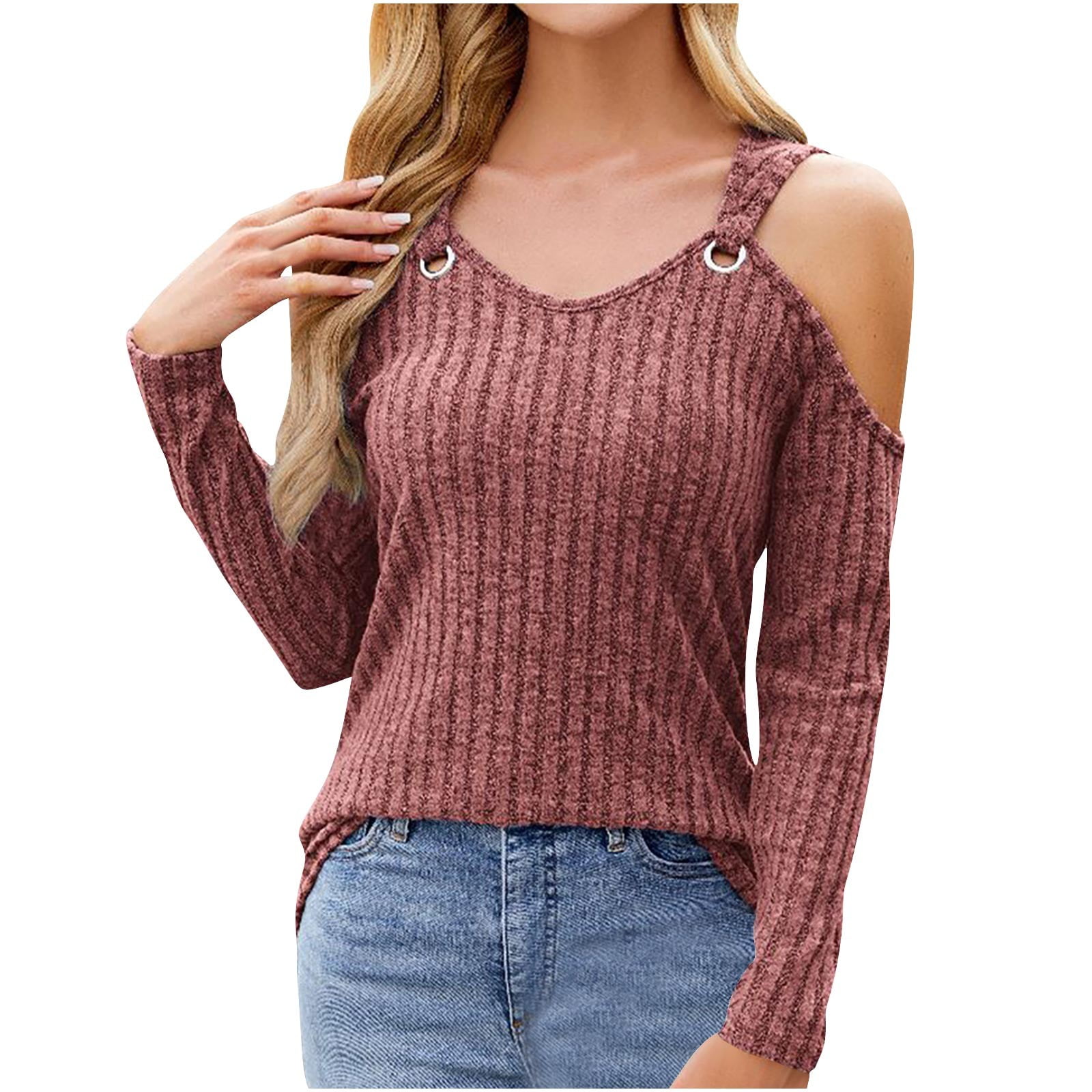 JWshufel Women's Cold Shoulder Slim Tops Long Sleeve Solid Color Ribbed ...