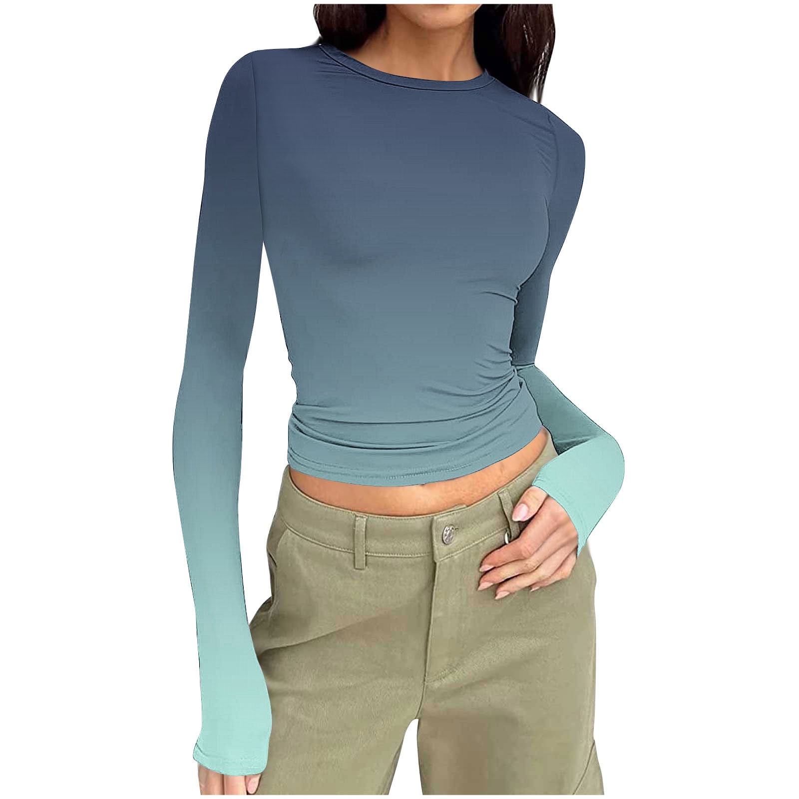 JWshufel Women's Gradient Color Slim Blouses Stretchy Crewneck Long ...