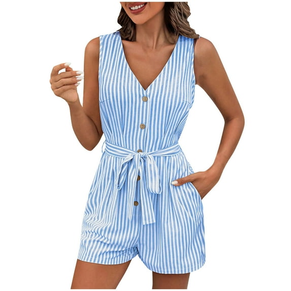 JWshufel Womens Summer Rompers V Neck Sleeveless Button Down Jumpsuit Shorts Beach Vacation Striped with Belt