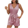 thumbnail image 1 of JWshufel Womens Summer Rompers V Neck Sleeveless Button Down Jumpsuit Shorts Beach Vacation Striped with Belt, 1 of 6
