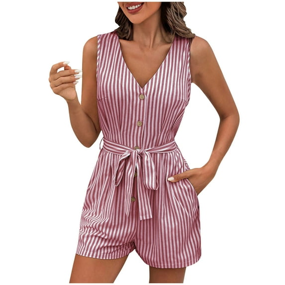 JWshufel Womens Summer Rompers V Neck Sleeveless Button Down Jumpsuit Shorts Beach Vacation Striped with Belt