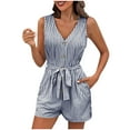 thumbnail image 1 of JWshufel Womens Summer Rompers V Neck Sleeveless Button Down Jumpsuit Shorts Beach Vacation Striped with Belt, 1 of 6