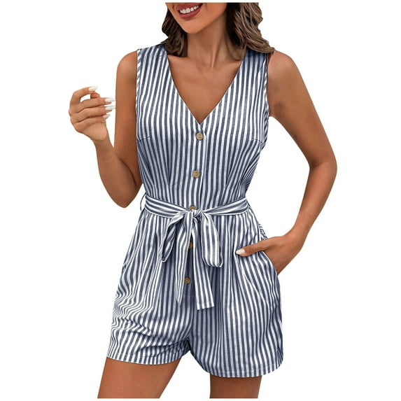 JWshufel Womens Summer Rompers V Neck Sleeveless Button Down Jumpsuit Shorts Beach Vacation Striped with Belt