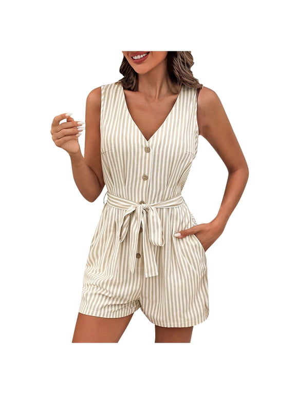 Womens Summer Rompers V Neck Sleeveless Button Down Jumpsuit Shorts Beach Vacation Striped with Belt