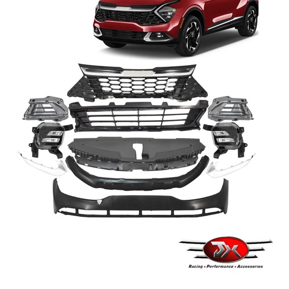 JX RACING 11PCS Black Chrome Front Bumper Cover Kit W/Grille Fog Lights Compatible with 2023-2024 Kia Sportage