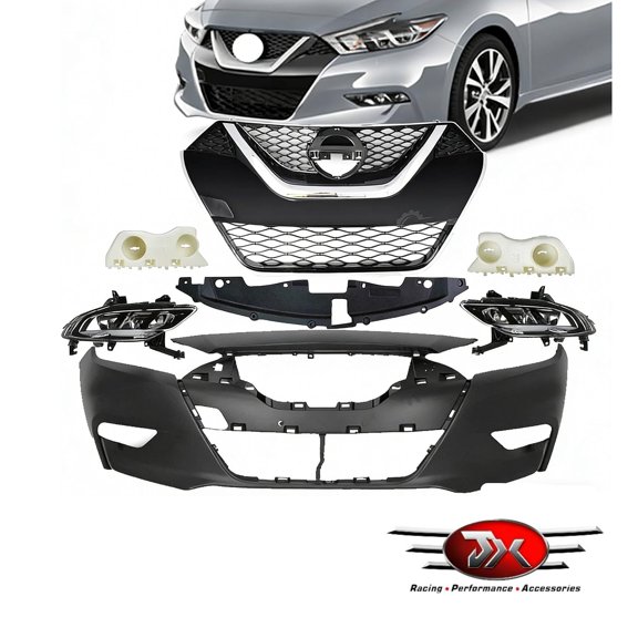 JX RACING 7PCS Front Bumper Upper Grille Fog Lights Radiator Set Black Chrome Compatible with 2016-2018 Nissan Maxima
