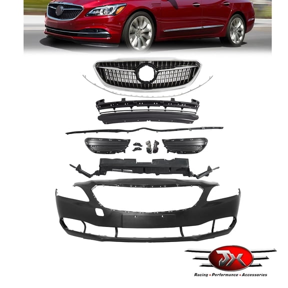 JX RACING Bumper Cover W/Grille Set Compatible with 2017-2020 Buick Lacrosse Upper & Lower Grill with Trim/Lower Air Deflector/Radiator Cover/Bumper Bracket/Foglight Cover