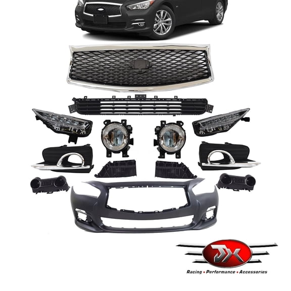 JX RACING Front Bumper Grille Set Compatible with 2014 2015 2016 2017 In-finiti Q50 Base Premium Bumper Grille Fog Lamp Cover Signal Lamp Bracket