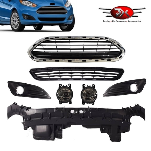 JX RACING Front Bumper Upper Lower Grille Kit Compatible with 2014-2019 Ford Fiesta S SE Foglight W/Cover Filler Spacer Panel