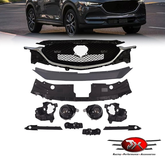 JX RACING Front Grille/LED Fog Lamp/Bracket/Radiator Upper Cover Compatible with Mazda CX-5 CX5 2017-2021