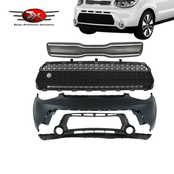 JX RACING Front Grille Upper Lower Bumper Cover 9PCS Compatible with Kia Soul 2014-2016 Black