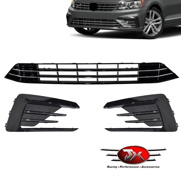 JX RACING Front Lower Grille W/O Sensor Hole Fog Lamp Cover Set Compatible with Volkswagen Passat R-Line 2016-2019 Bumper Grill W/Foglight Bezels