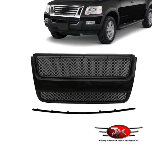JX RACING Front Upper Grille Compatible with 2006-2010 Ford Explorer Sport Trac Gloss Black 2PCS Front Grille Bumper Grill Hood Molding Trim