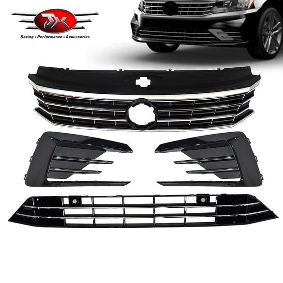 JX RACING Front Upper Lower Grille W/Sensor Hole Front Grill FogLamp Covers Compatible with VW Passat R-Line 2016-2019