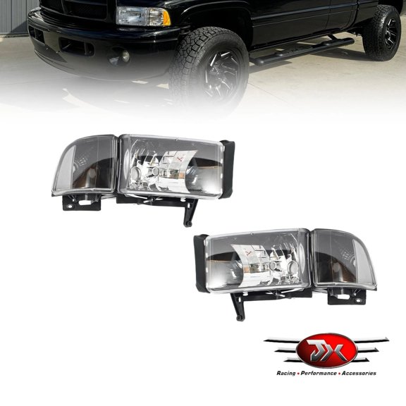 JX RACING Headlight Black Bezel Clear Reflector Compatible with Dodge Ram 1500/2500/35000 1994-2001