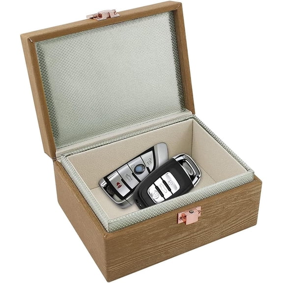 JXE JXO Faraday Key Protector Box, Faux Leather and Wood Signal Blocking Cage for Car Key Fob, Rfid Shielding Anti-Theft Mini Storage Case