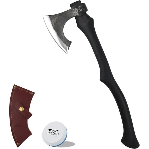 JXE JXO 22.8 Inch Hatchet, Splitting Axe 1065 High Manganese Steel, Hickory Handle Tomahawk Axe with Leather Sheath