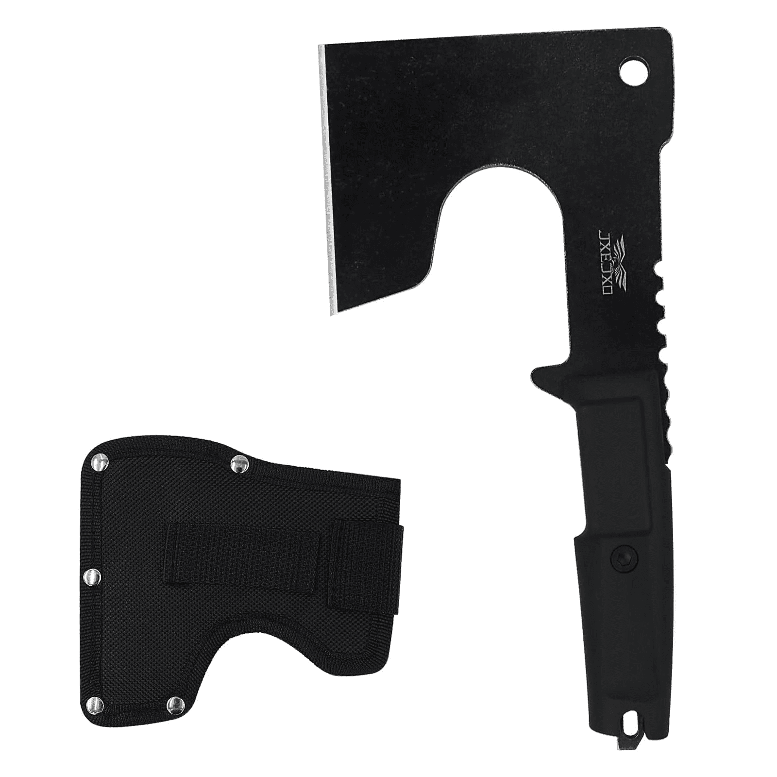 JXE JXO Camping Hatchet with Sheath, 9.8" Full Tang Steel Blade, Ergonomic Rubber Handle for Bushcraft