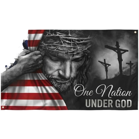 JXKIKOZE 59x35.4in One Nation Under God Jesus American Flag, Patriotic Christian Cross Banner & Lion Sun Iran Historical Flag, Outdoor Indoor Decorative Flag with Brass Grommets
