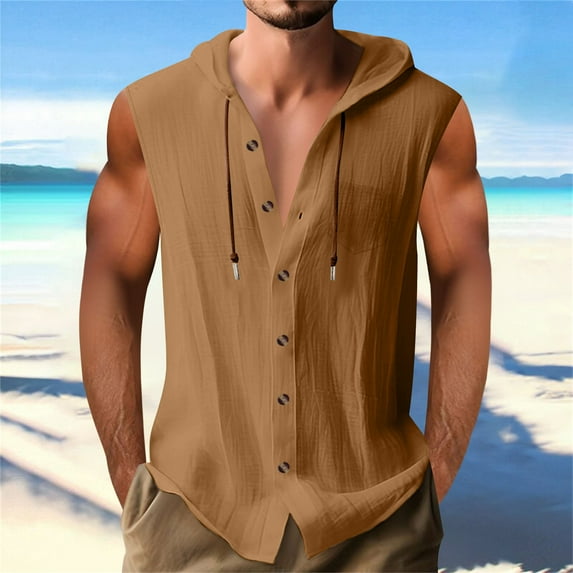 JXMVOJ Athletic Short Sleeve Hoodie for Men Fashion Cotton Linen Workout Gym Pullover Hooded Shirt Button Muscle Summer Lightweight Running Hiking Sport Shirts