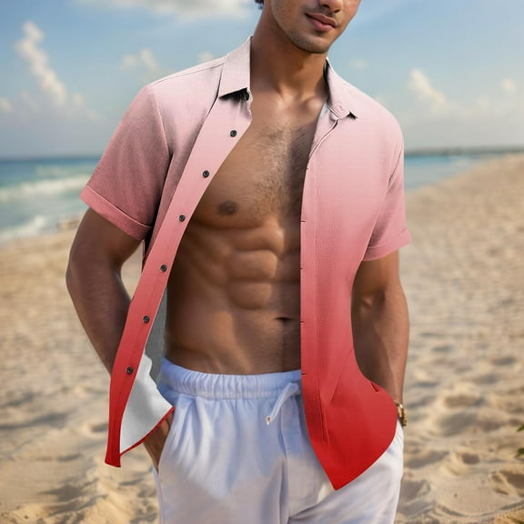 JXMVOJ Breathable Polyester Round Neck Short Sleeve Printed Button-Up Shirt for Men, Summer Outdoor Casual Daily Wear, Unisex Turndown Collar Blouse