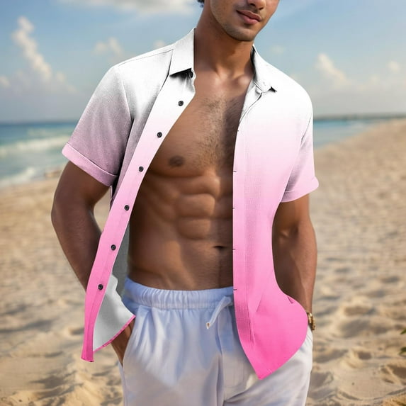 JXMVOJ Breathable Polyester Round Neck Short Sleeve Printed Button-Up Shirt for Men, Summer Outdoor Casual Daily Wear, Unisex Turndown Collar Blouse