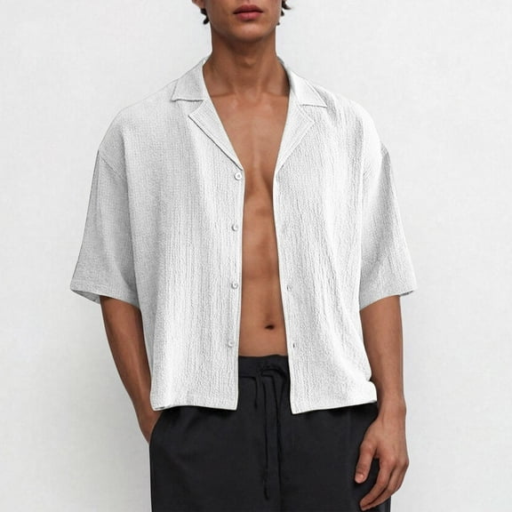 JXMVOJ Breathable Polyester Short Sleeve Turndown Collar Button-Up Top for Men, Summer Casual Outdoor Daily Wear, Solid Fashion Blouse, Lightweight Soft Fabric