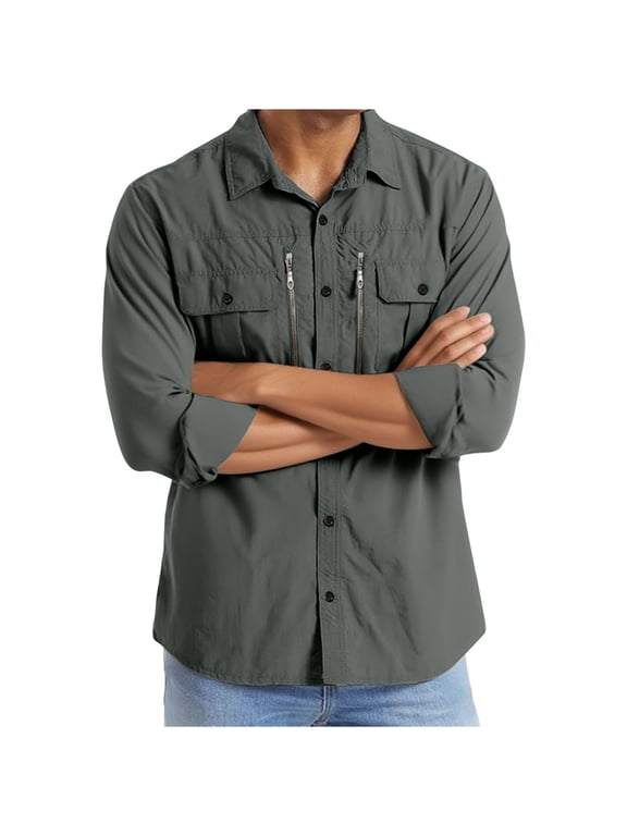 Casual Shirts for Men Slim Fit Plain Work Shirts with Pockets Regular Fit Outdoor Cargo Shirt Long Sleeve Cotton Lapel Collar Business Shirts Button Down Tops Workwear