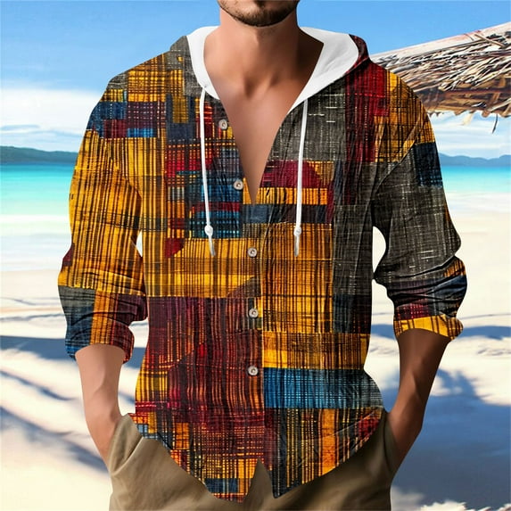 JXMVOJ Cotton Linen Hoodies for Men Casual Boho Print Drawstring Sweatshirts Long Sleeve Button Down Shirts Hooded Pullover Athletic Hoodies Gym Sports Shirts Comfy Running Tops