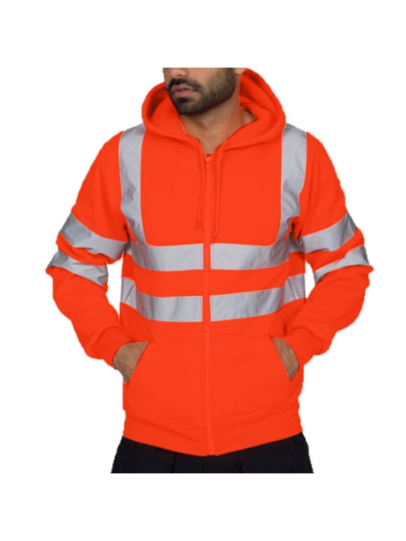 Hoodie Jacket, High Vis Reflective Safety Fleece Hoodie, PPE Gear for Cold Weather, Mens Road Work High Visibility Pullover Long Sleeve Hooded Sweatshirt Tops Blouse