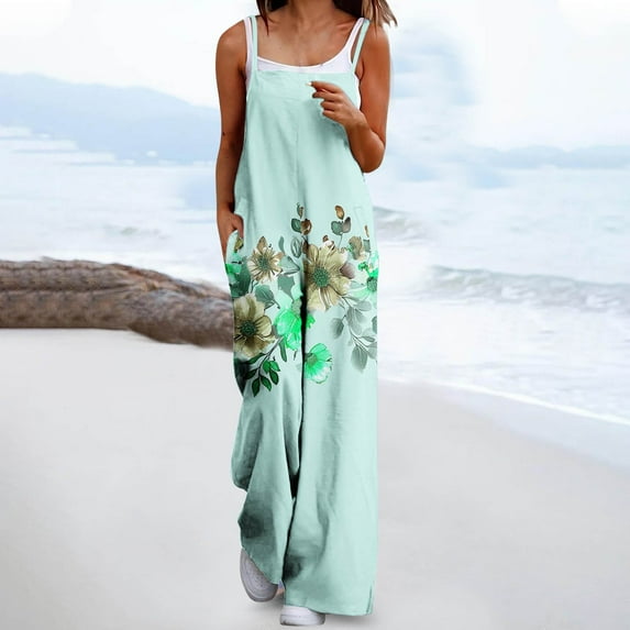 JXMVOJ Jumpsuits for Women Floral Leg Spaghetti Strap Sleeveless Casual Loose Long Rompers Women Fashion Casual Loose Printed Pockets Sleeveless Back Strap Jumpsuit with Pockets