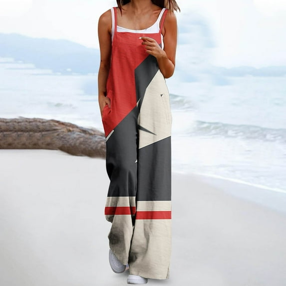 JXMVOJ Jumpsuits for Women Floral Leg Spaghetti Strap Sleeveless Casual Loose Long Rompers Women Fashion Casual Loose Printed Pockets Sleeveless Back Strap Jumpsuit with Pockets
