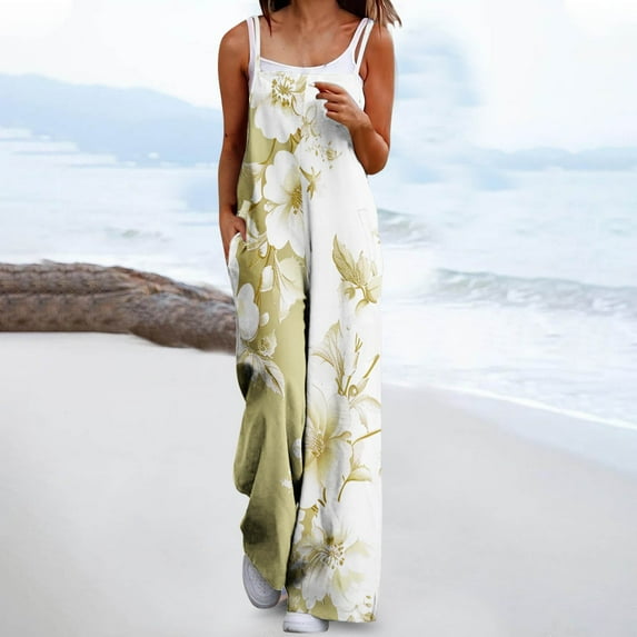 JXMVOJ Jumpsuits for Women Floral Leg Spaghetti Strap Sleeveless Casual Loose Long Rompers Women Fashion Casual Loose Printed Pockets Sleeveless Back Strap Jumpsuit with Pockets